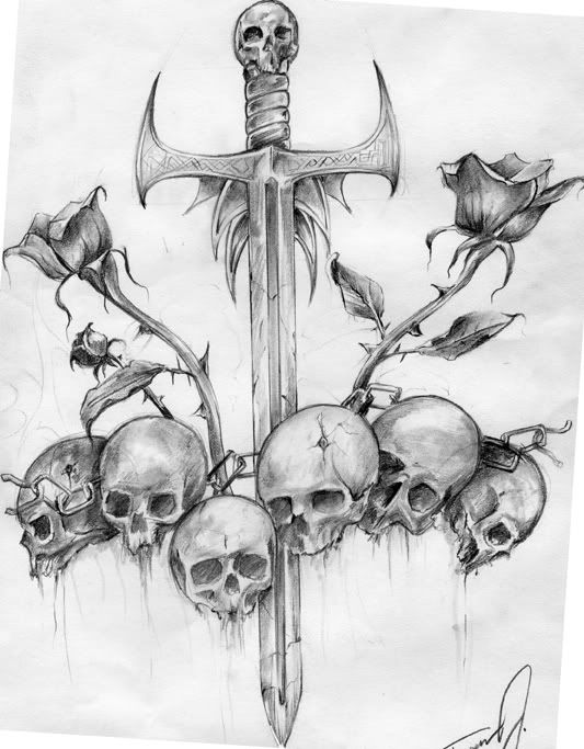 Tribal Skull - #545. How to Draw Tattoo Art Sword, Snake, Skull, 